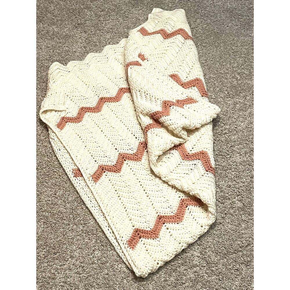 Vintage Crochet Throw Afghan Granny Blanket Chevron 85X47' Pink Cream Dusty Rose